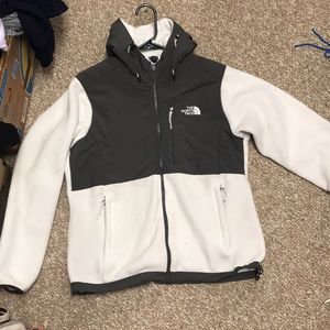 Gray and white north face jacket
